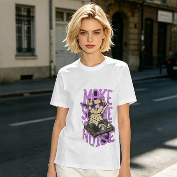 Olive T-Shirt with DJ Cat Graphic and Make Some Noise Text