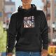 Black hoodie with retro cartoon animal skateboarding graphic