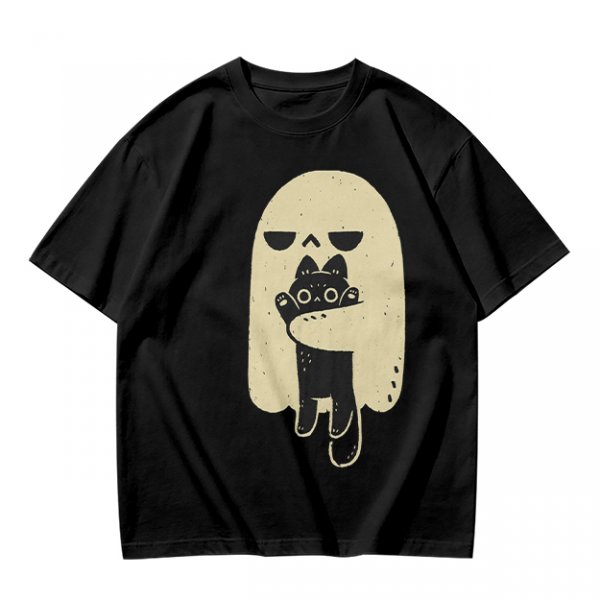 Olive T-Shirt With Ghost Holding Black Cat Graphic
