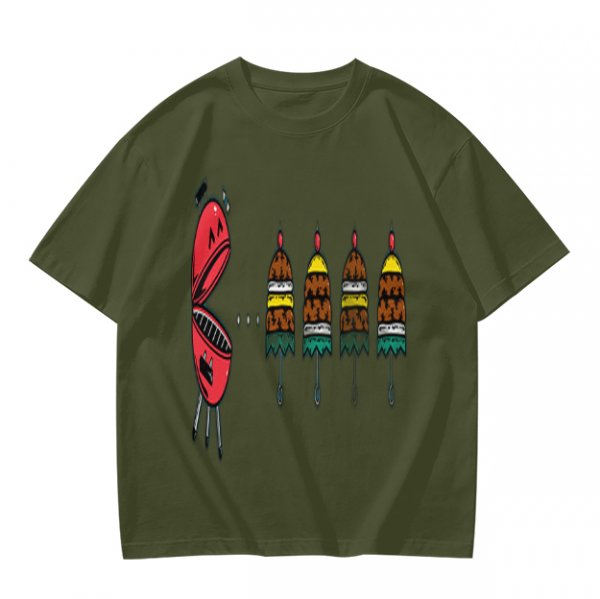 Olive T-Shirt With Cartoon Grill And Skewers Print