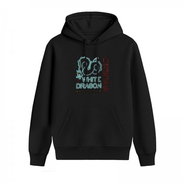 Black hoodie with white dragon neon graphic and text print