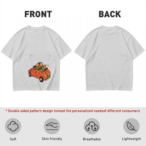 Olive T-Shirt with Skeleton and Friends in Christmas Car Print