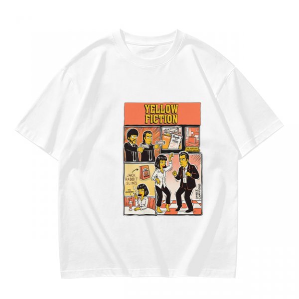 Olive green t-shirt with Yellow Fiction Simpson-style Pulp Fiction dance print