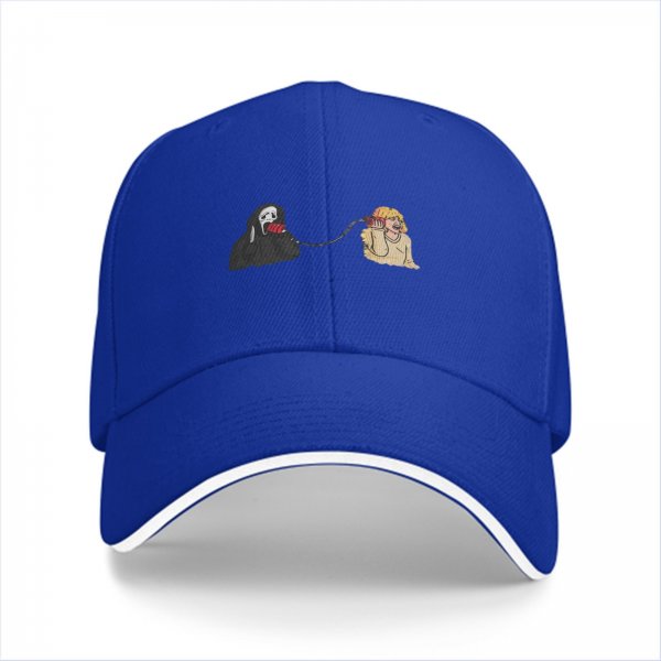 Black baseball cap with Scream ghost and victim phone call graphic