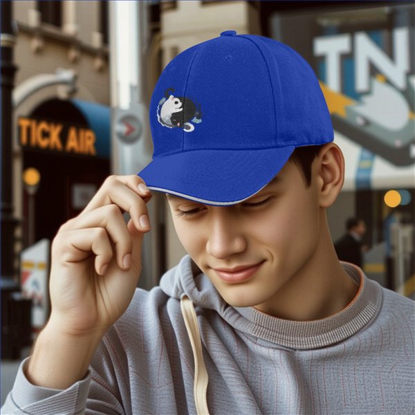 Black Baseball Cap With Yin Yang Cats Graphic Design