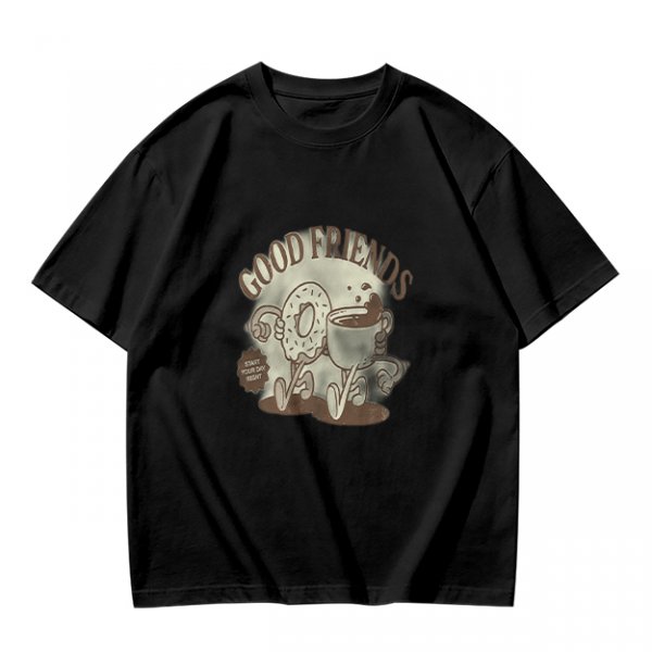 Olive green graphic t-shirt with good friends donut and coffee print