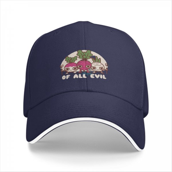 Black baseball cap with 'Of All Evil' radish devil graphic