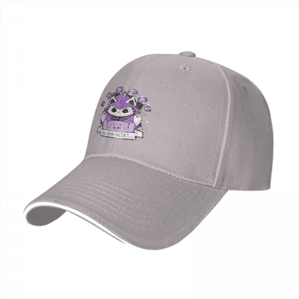 Black baseball cap with purple wizard cat and dice graphic