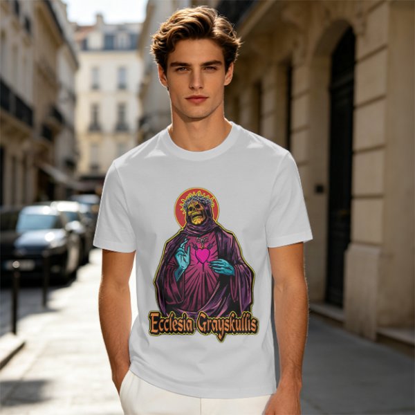 Olive t-shirt with skeleton religious graphic and Ecclesia Grayskullis text