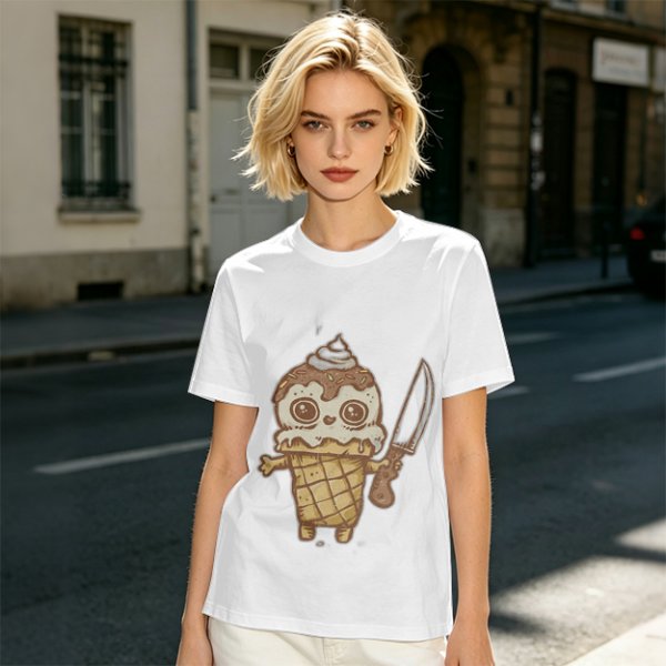 Olive T-Shirt With Cute Ice Cream Cone Holding Knife Print