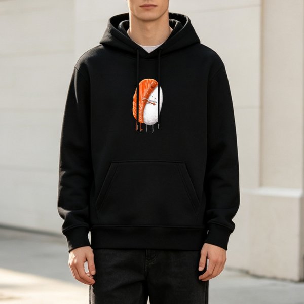 Black hoodie with cute hugging salmon sushi rice character print