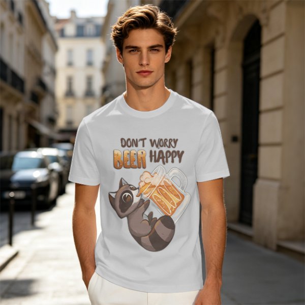 Oversized olive t-shirt with raccoon drinking beer graphic