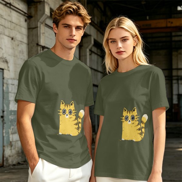Olive Green T-Shirt With Surprised Yellow Tabby Cat Graphic