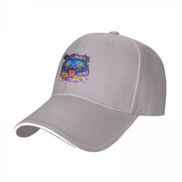 Black baseball cap with psychedelic blue cat graphic design
