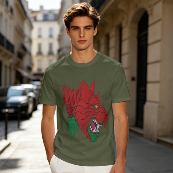 Olive T-Shirt With Fierce Armored Beast Head Graphic