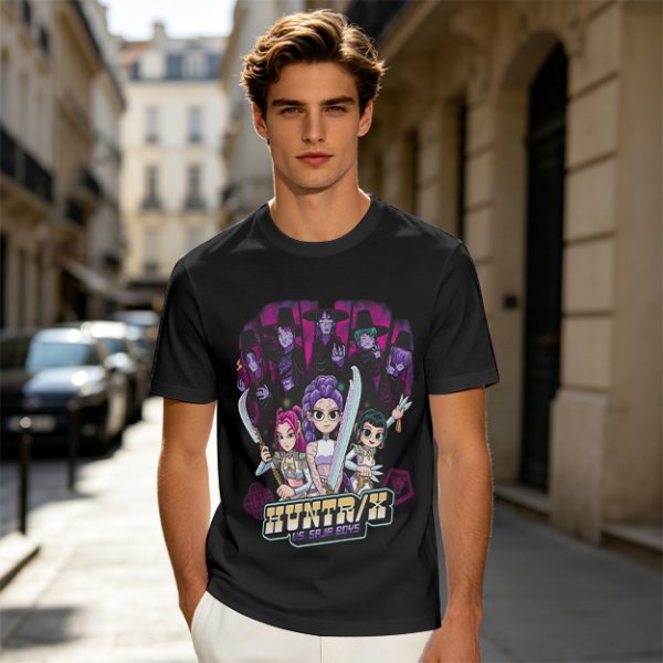 Olive Graphic Tee with Anime Hunter Characters and Huntr/X Text