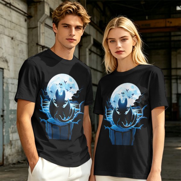 Olive T-Shirt Featuring Dragon Silhouette Under Full Moon