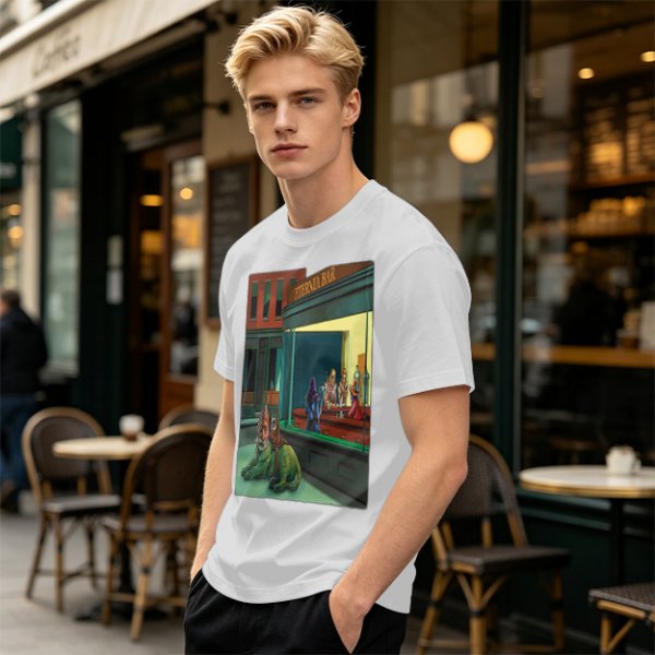Olive T-Shirt With Surreal Bar Scene Graphic Print