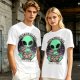 Olive green t-shirt with alien eating pizza text Just Here For The Pizza