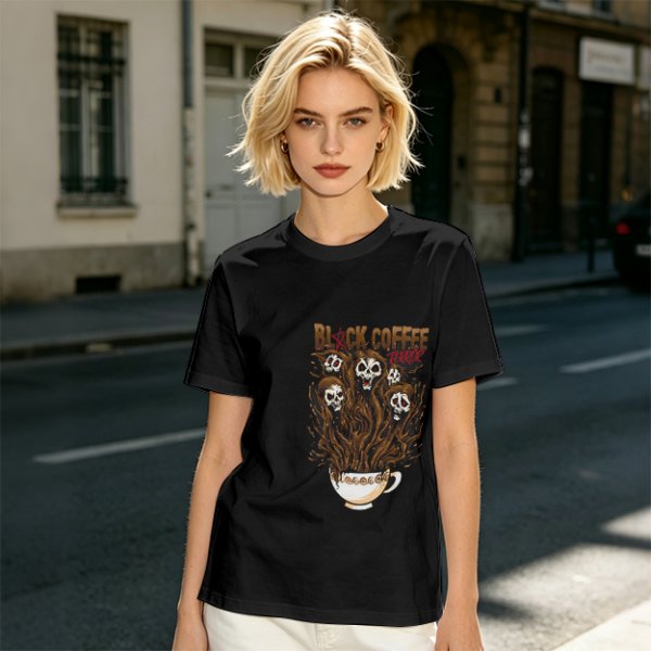 Black Coffee Skull Ghosts Graphic Olive Green T-Shirt