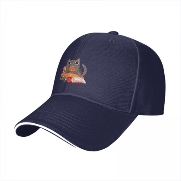 Black baseball cap with a cozy cat pizza snack and game design
