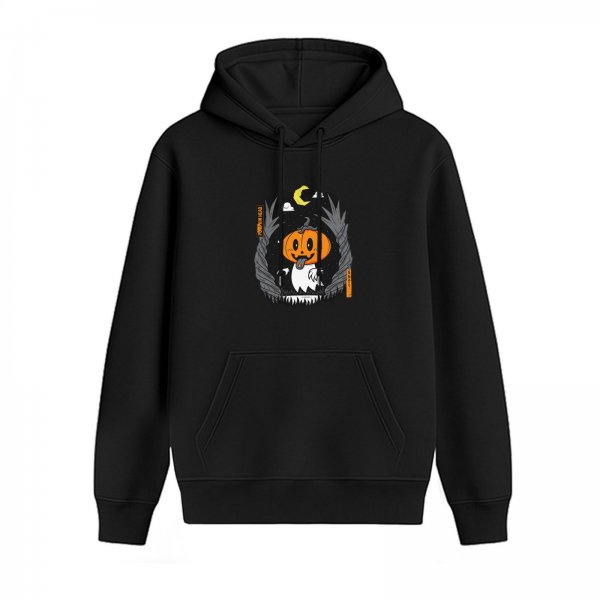 Black Hoodie With Cute Halloween Pumpkin Ghost Graphic