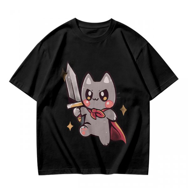 Olive T-shirt with cute warrior cat holding a sword graphic
