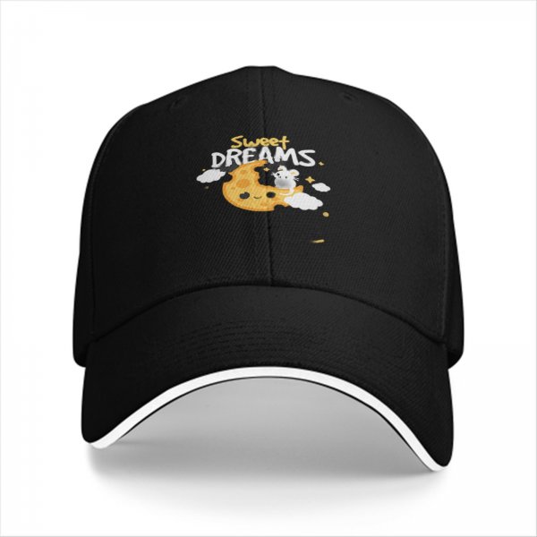 Black baseball cap with Sweet Dreams cheese moon and mouse graphic