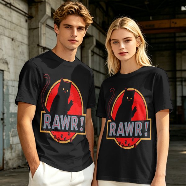 Olive T-Shirt With Black Cat Rawr Dinosaur Parody Graphic