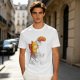 Olive T-Shirt Featuring a Relaxed Cat on a Chair with Fried Chicken Print