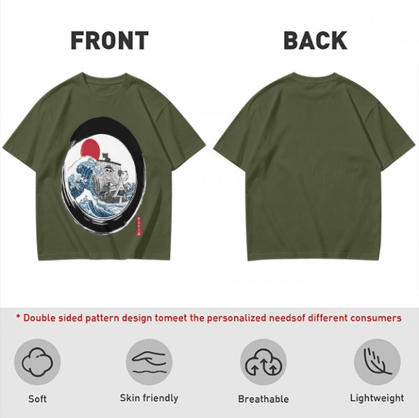 Olive T-shirt with Great Wave Enso Circle and Red Sun Print