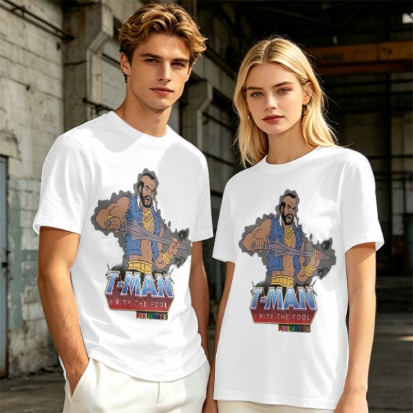 Olive T-shirt with T-Man He-Man parody graphic and 'I Pity The Fool' text