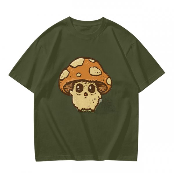 Olive Green T-Shirt With Cute Mushroom Skull Graphic