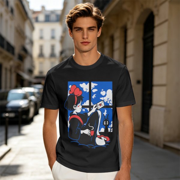 Olive t-shirt with Kiki's Delivery Service window print of girl reading letter