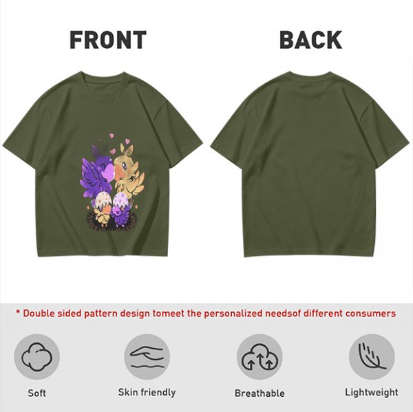 Olive T-Shirt With Cute Fantasy Bird Family Print