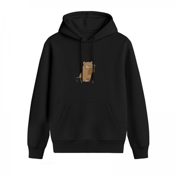 Black Hoodie With Cute Capybara Wearing Glasses Graphic
