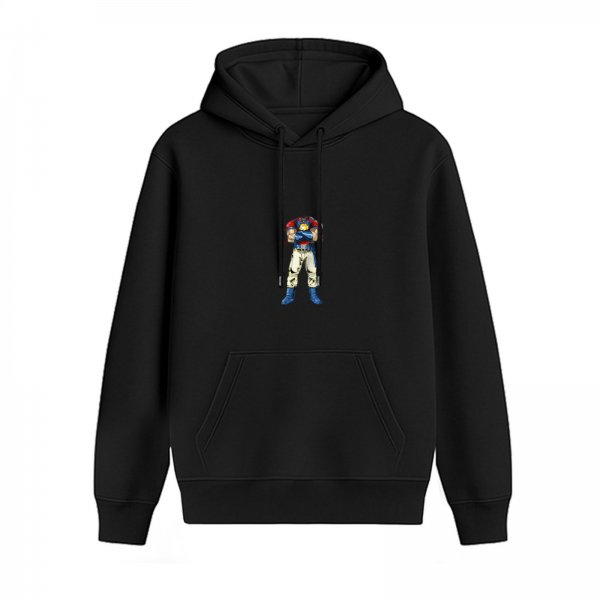 Black hoodie with retro cartoon warrior graphic print