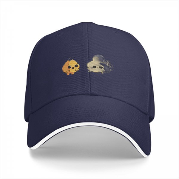 Black Baseball Cap With Cute Fire And Smoke Character Print