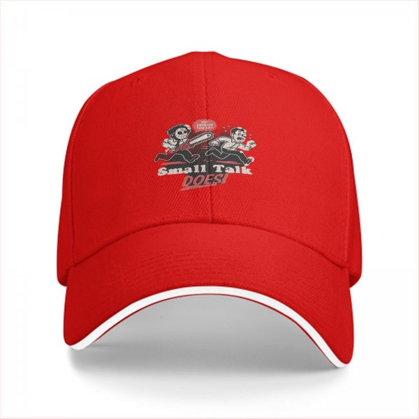 Black baseball cap with horror cartoon graphic and 'Small Talk Does' text