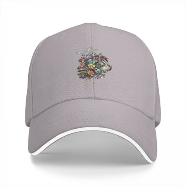 Black Baseball Cap With Floral Cat Head Art Print