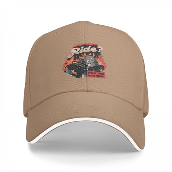Black baseball cap with devil cat driving flaming car 'Do You Wanna Ride?' print