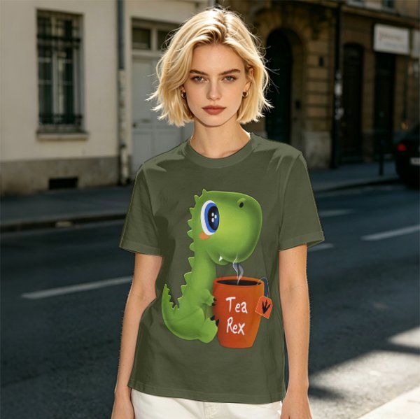 Olive green t-shirt with cute Tea Rex dinosaur holding a steaming tea mug