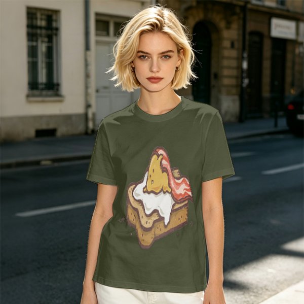 Olive T-Shirt With Cute Lazy Egg On Toast And Bacon Print