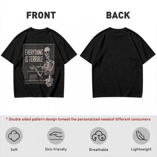 Olive t-shirt with skeleton teacher and 'Everything Is Terrible' print