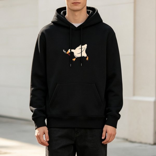 Black Hoodie With Mischievous Goose Holding Knife Graphic