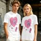 Oversized Olive T-Shirt with Retro Walking Pink Heart Cartoon Graphic