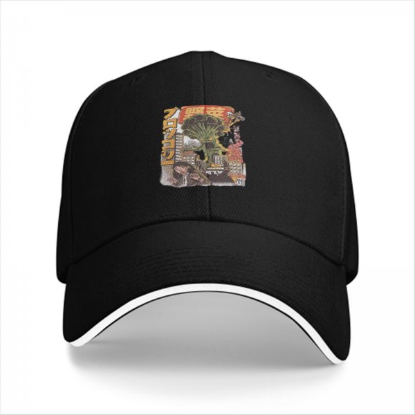 Black baseball cap with giant broccoli monster city attack print