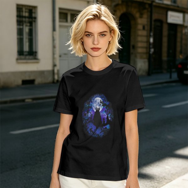 Olive T-Shirt With Night Sky Wolf Howling At Moon Graphic