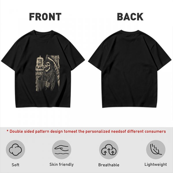 Olive graphic t-shirt with grim reaper and 'You Got Plans?' print