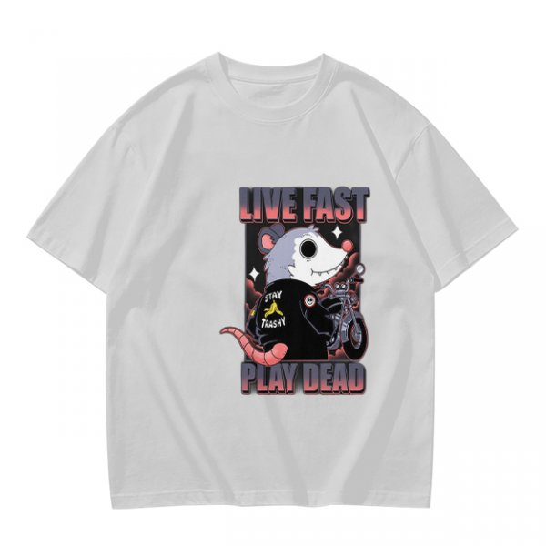 Olive t-shirt with live fast play dead opossum biker graphic
